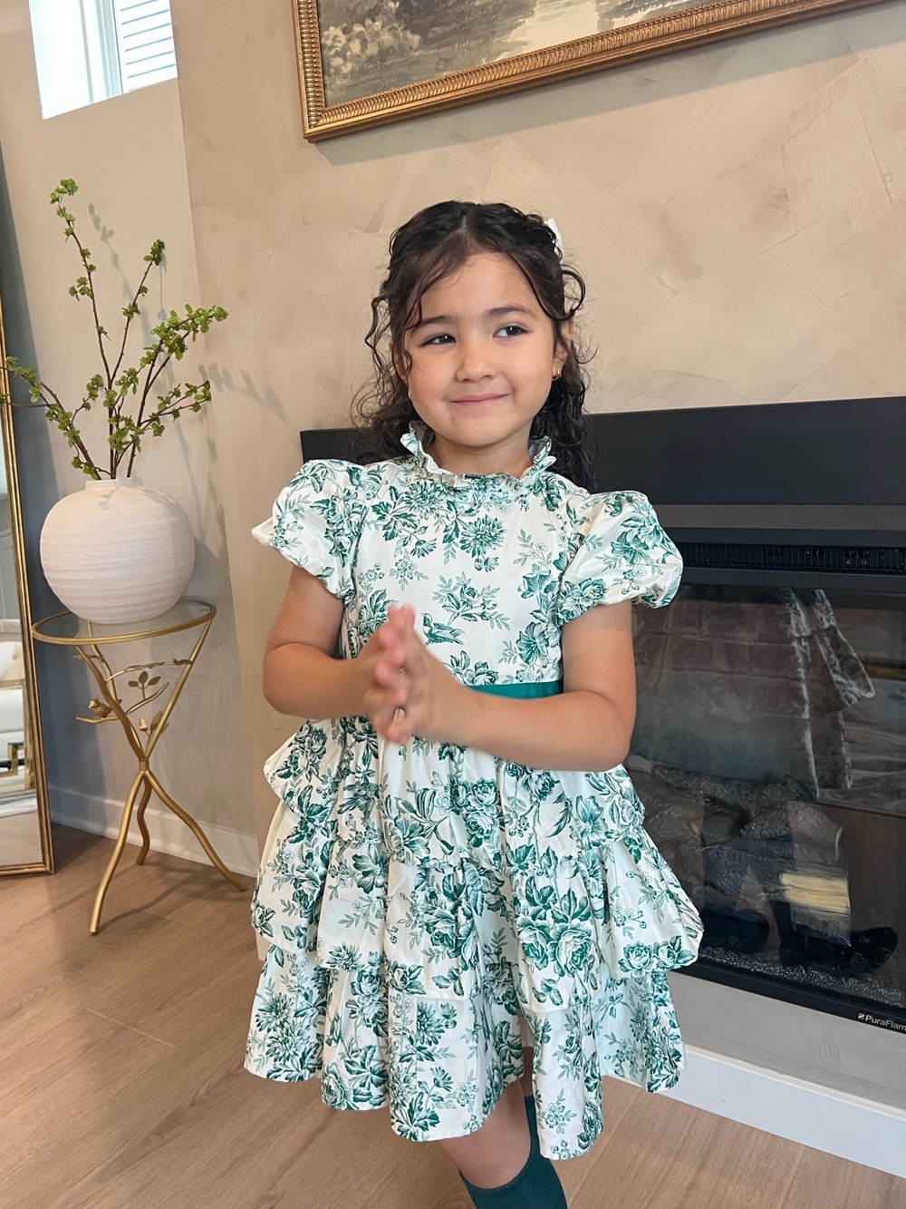 Janie and Jack White and Green Floral Tiered Ruffle Dress